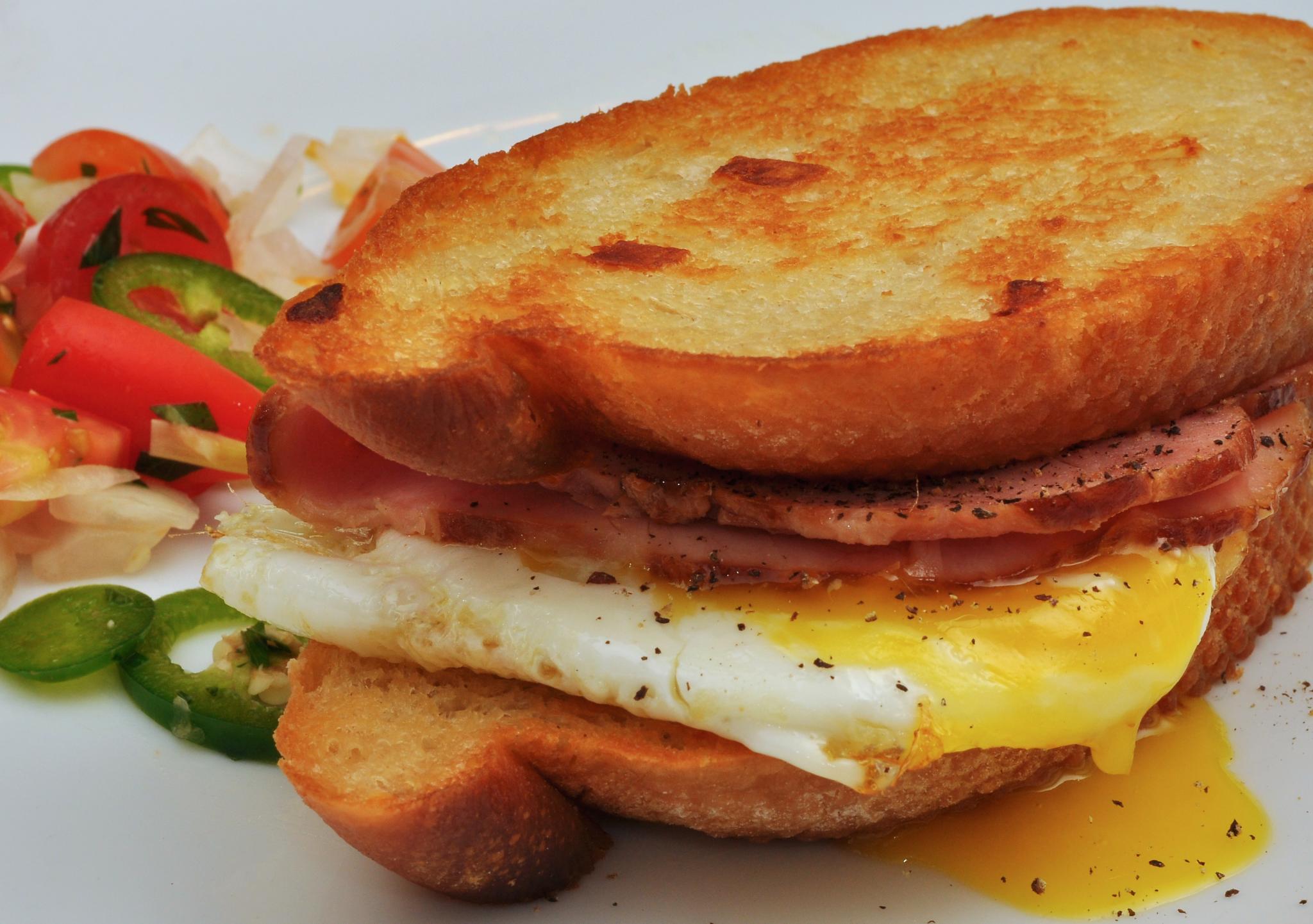 Grilled Breakfast Sandwich with Coffee at Mulberry's Restaurant and Catering